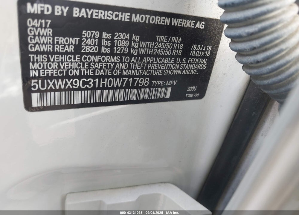 2017 BMW X3 VIN: 5UXWX9C31H0W71798