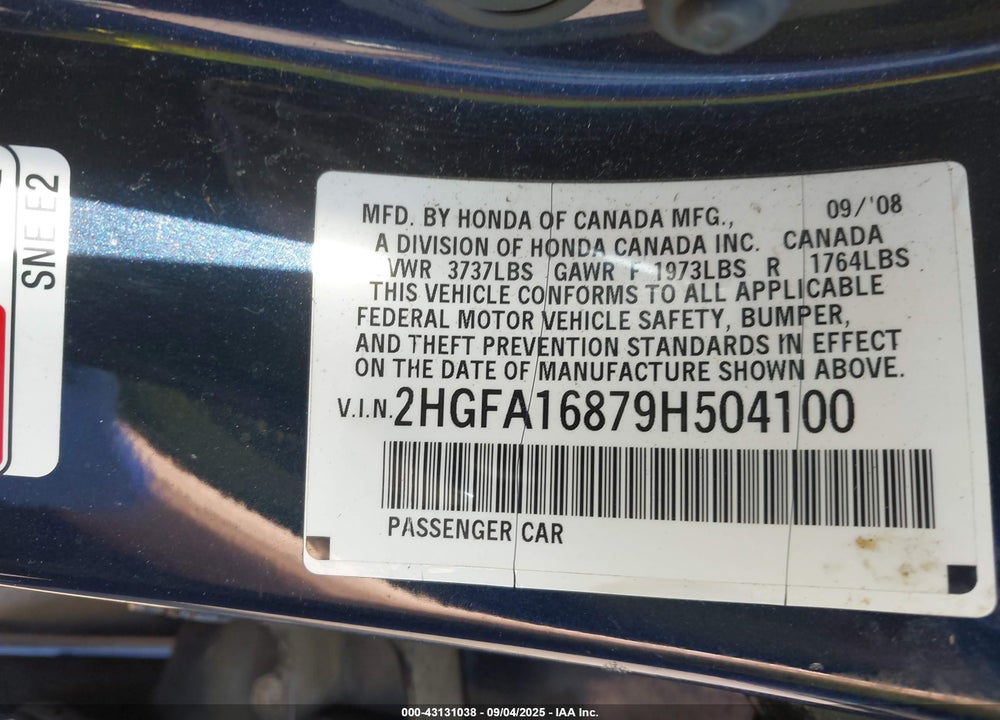 2009 HONDA CIVIC VIN: 2HGFA16879H504100