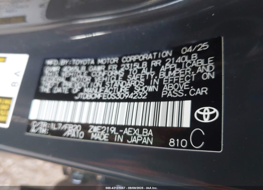 2025 TOYOTA COROLLA VIN: JTDBCMFE0S3094232