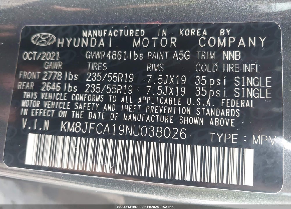 2022 HYUNDAI TUCSON HYBRID VIN: KM8JFCA19NU038026