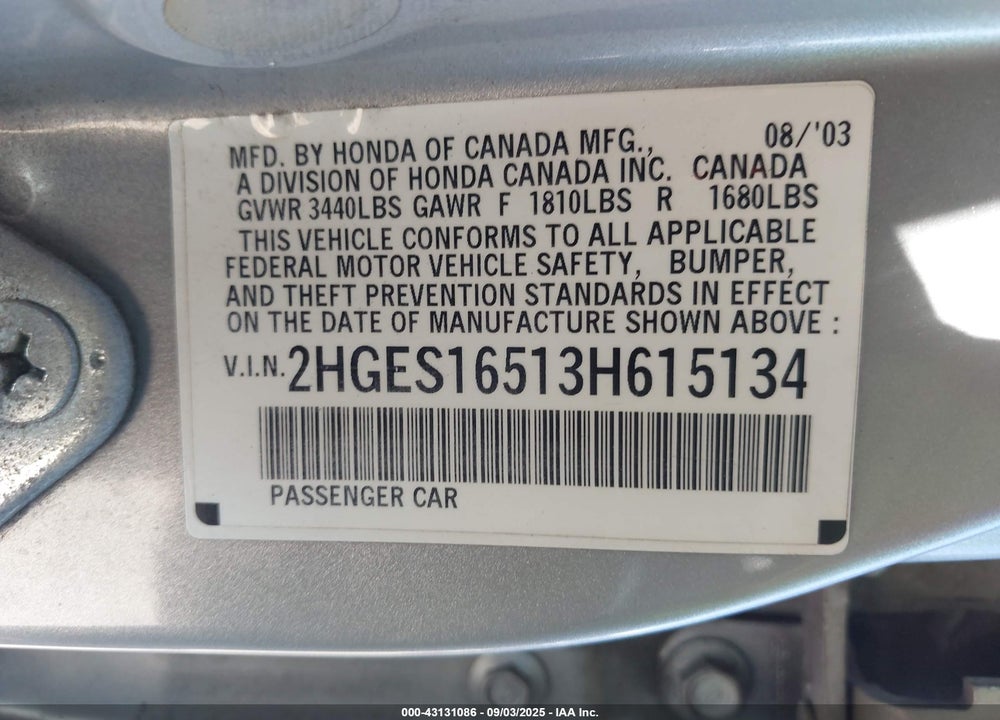 2003 HONDA CIVIC LX VIN: 2HGES16513H615134