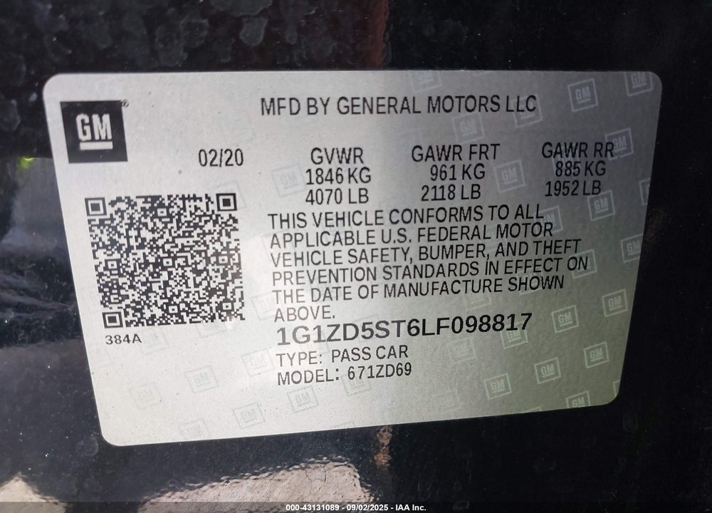 2020 CHEVROLET MALIBU VIN: 1G1ZD5ST6LF098817