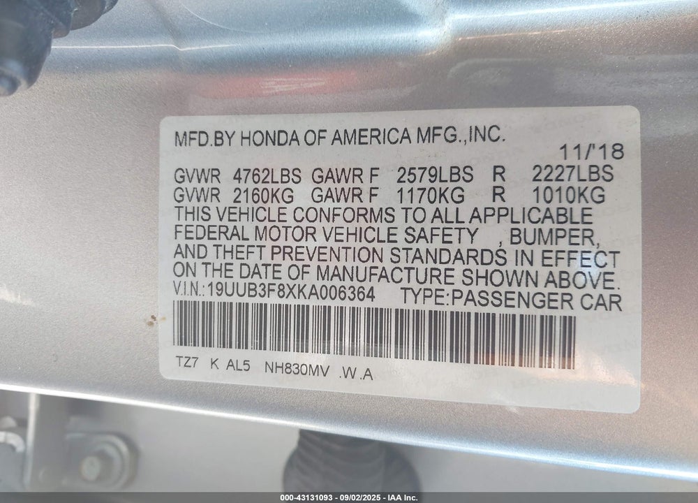 2019 ACURA TLX ADVANCE PKG VIN: 19UUB3F8XKA006364