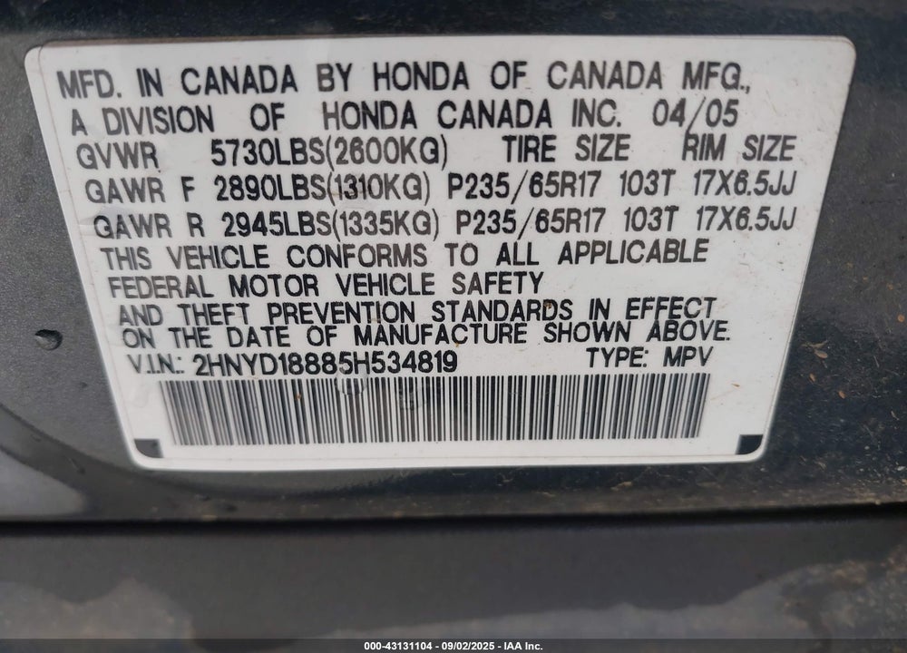 2005 ACURA MDX VIN: 2HNYD18885H534819