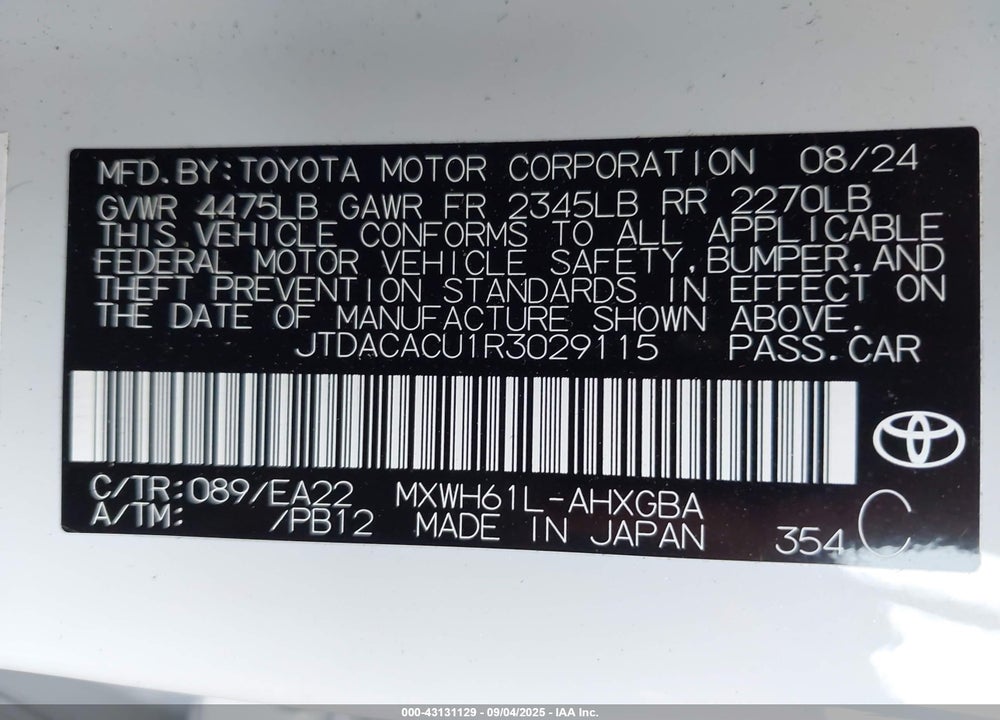 2024 TOYOTA PRIUS PRIME VIN: JTDACACU1R3029115
