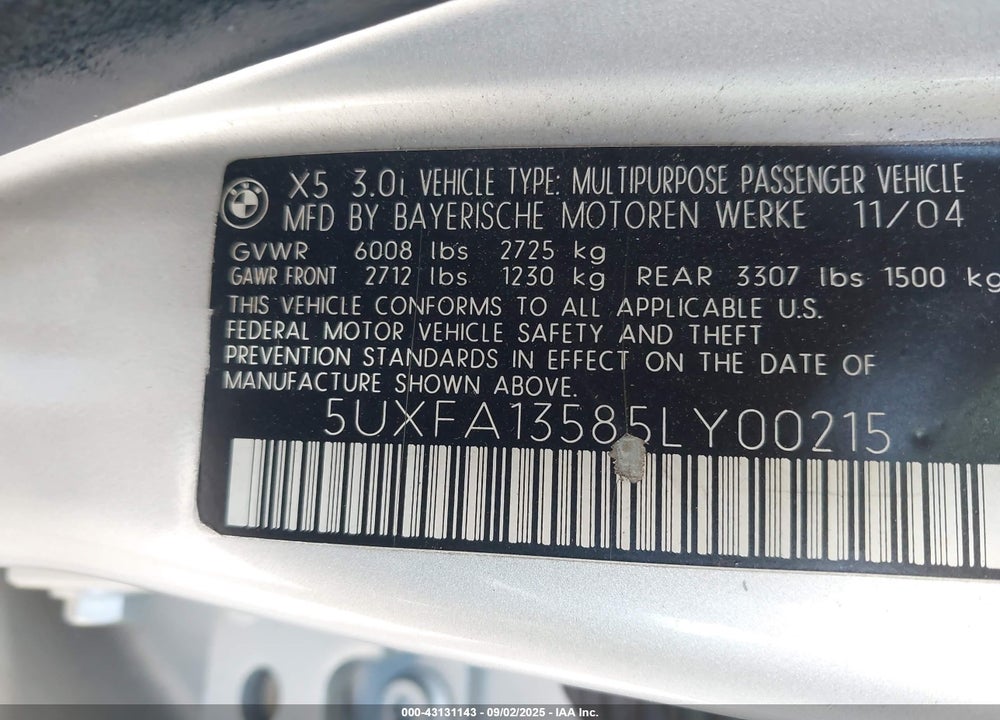 2005 BMW X5 3.0I VIN: 5UXFA13585LY00215