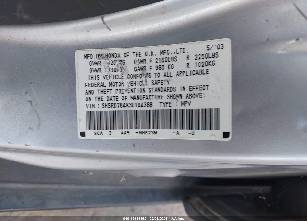 2003 HONDA CR-V LX VIN: SHSRD784X3U144388