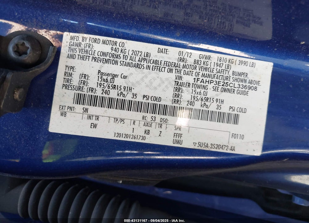 2012 FORD FOCUS VIN: 1FAHP3E25CL336908