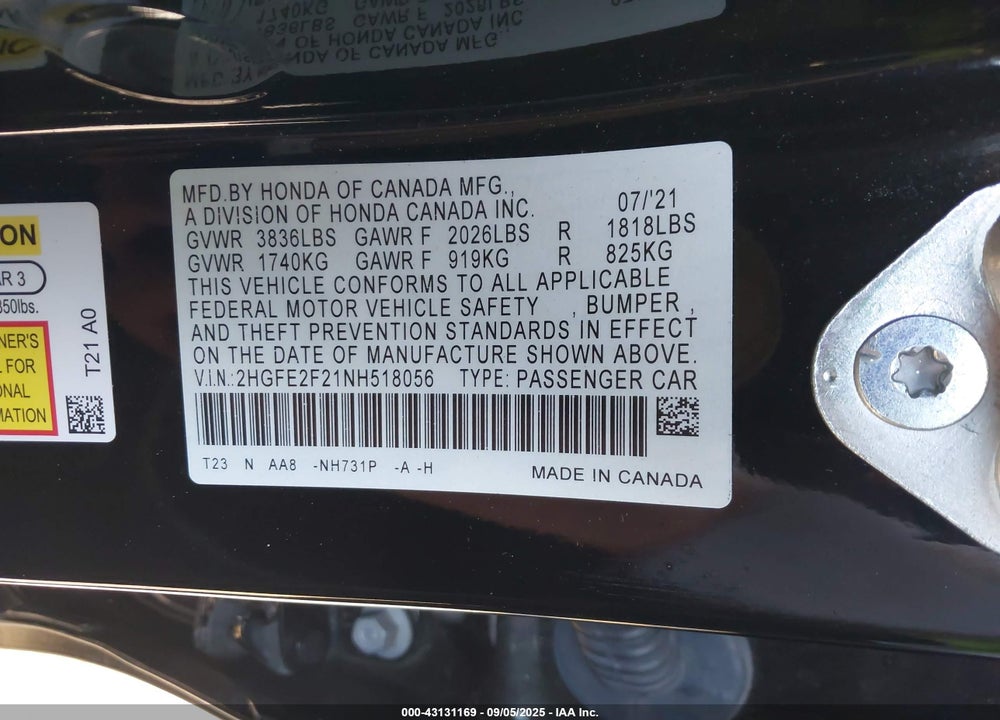 2022 HONDA CIVIC VIN: 2HGFE2F21NH518056