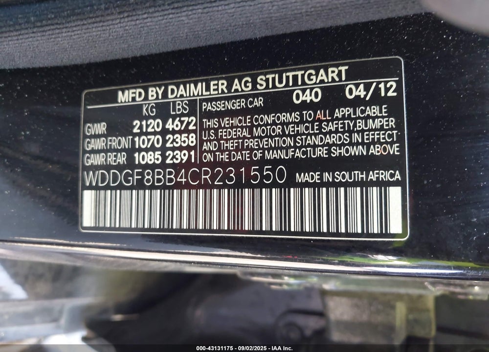 2012 MERCEDES-BENZ C CLASS VIN: WDDGF8BB4CR231550