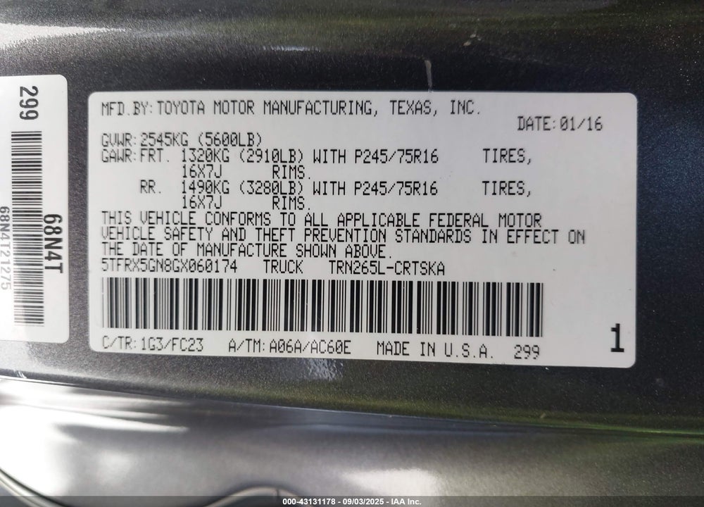 2016 TOYOTA TACOMA VIN: 5TFRX5GN8GX060174