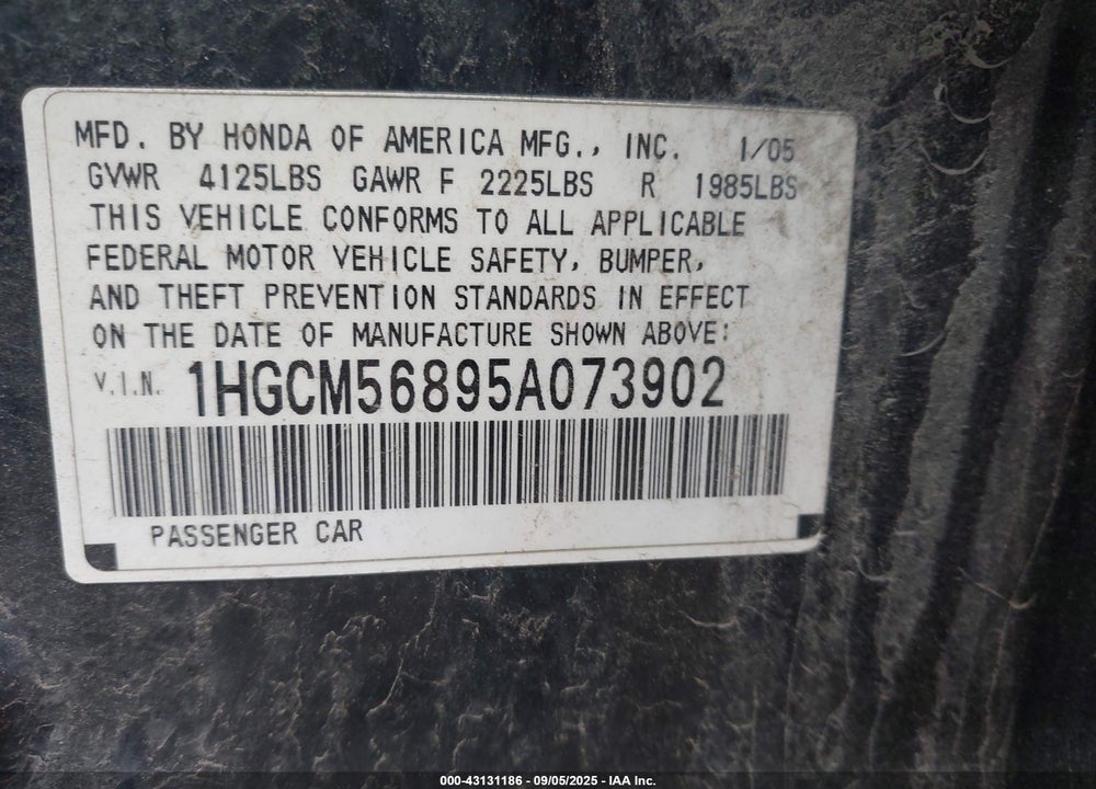 2005 HONDA ACCORD 2.4 EX VIN: 1HGCM56895A073902