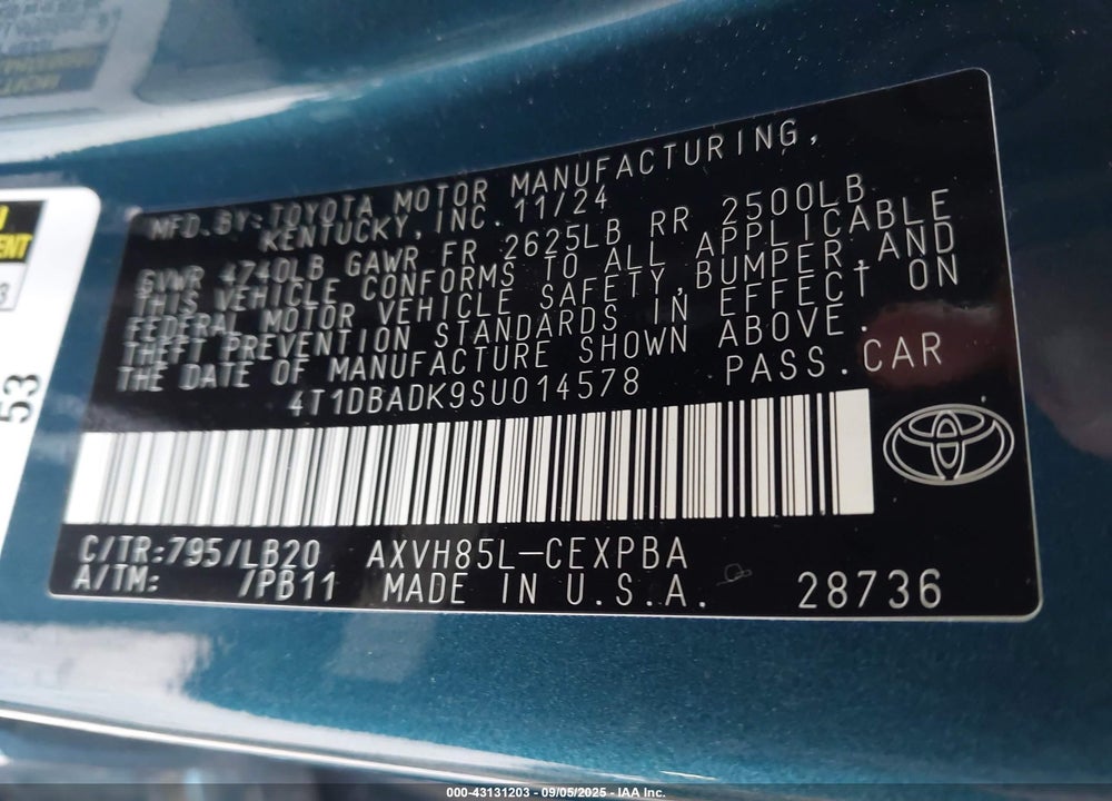 2025 TOYOTA CAMRY VIN: 4T1DBADK9SU014578