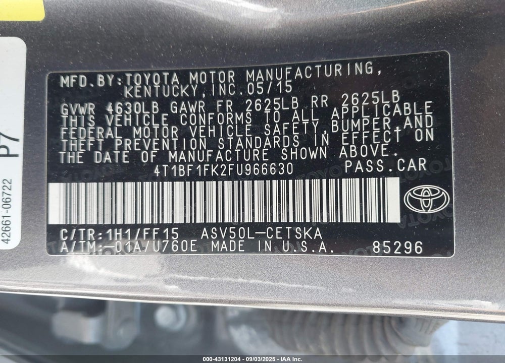 2015 TOYOTA CAMRY VIN: 4T1BF1FK2FU966630