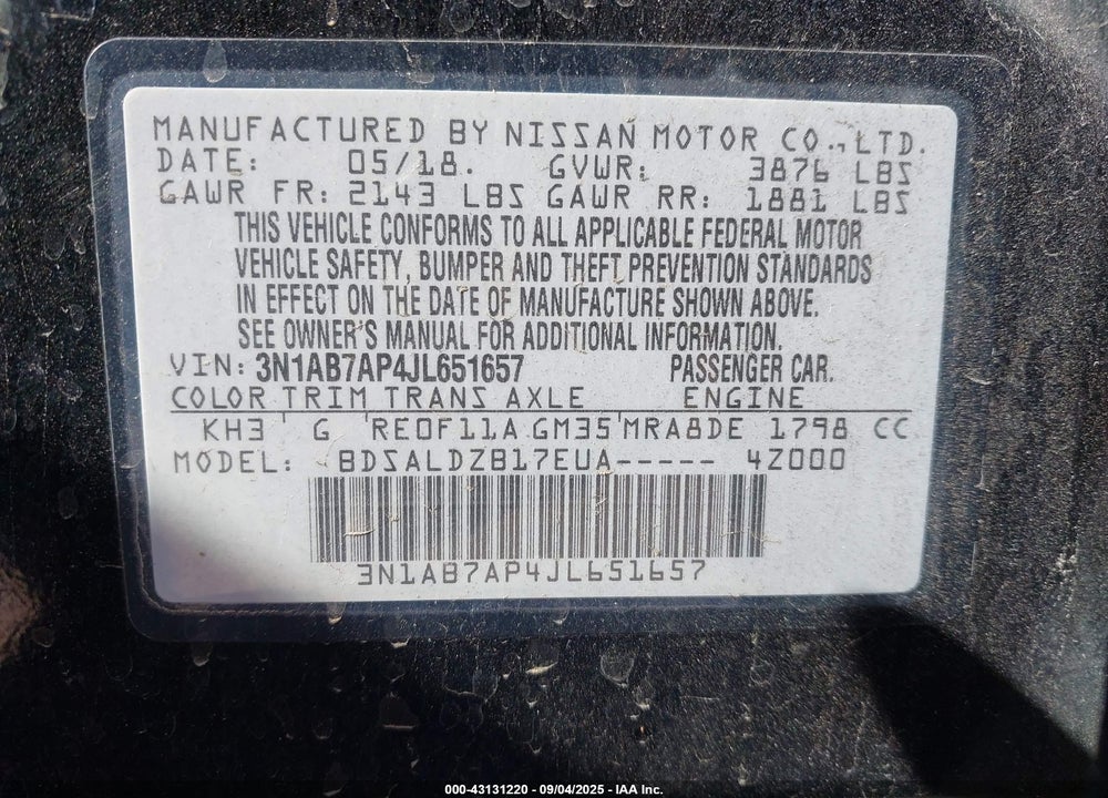 2018 NISSAN SENTRA VIN: 3N1AB7AP4JL651657