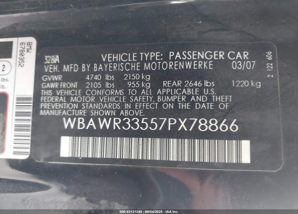 2007 BMW 3 SERIES VIN: WBAWR33557PX78866