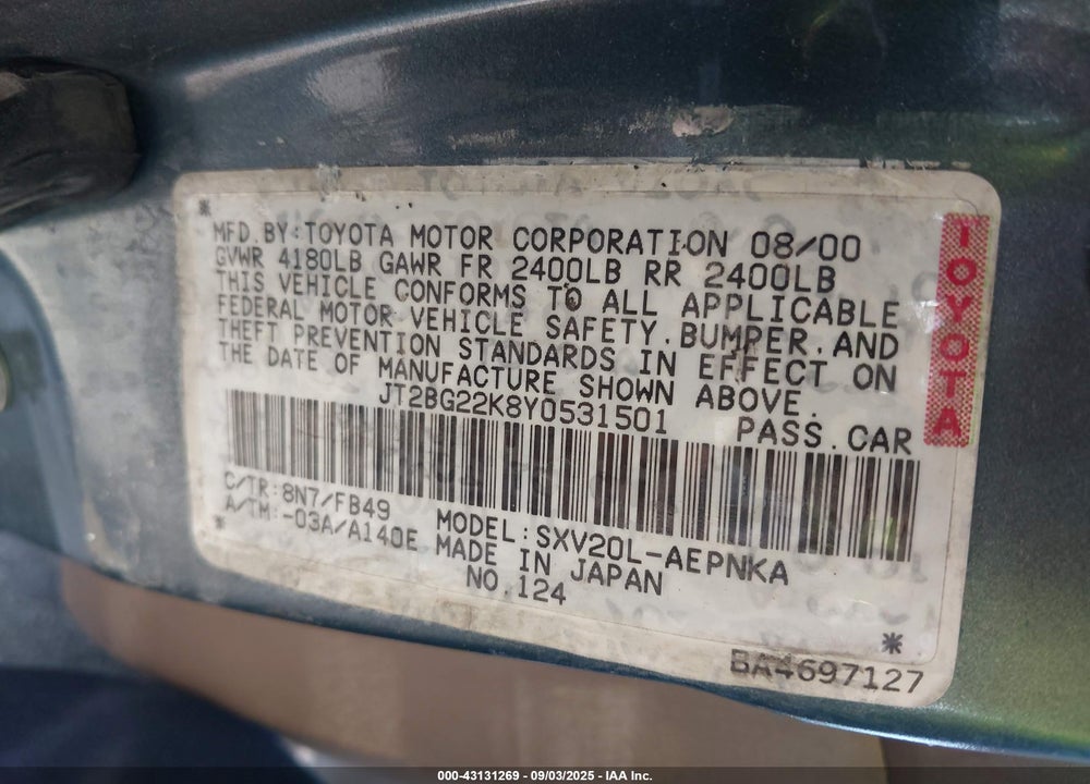 2000 TOYOTA CAMRY LE VIN: JT2BG22K8Y0531501