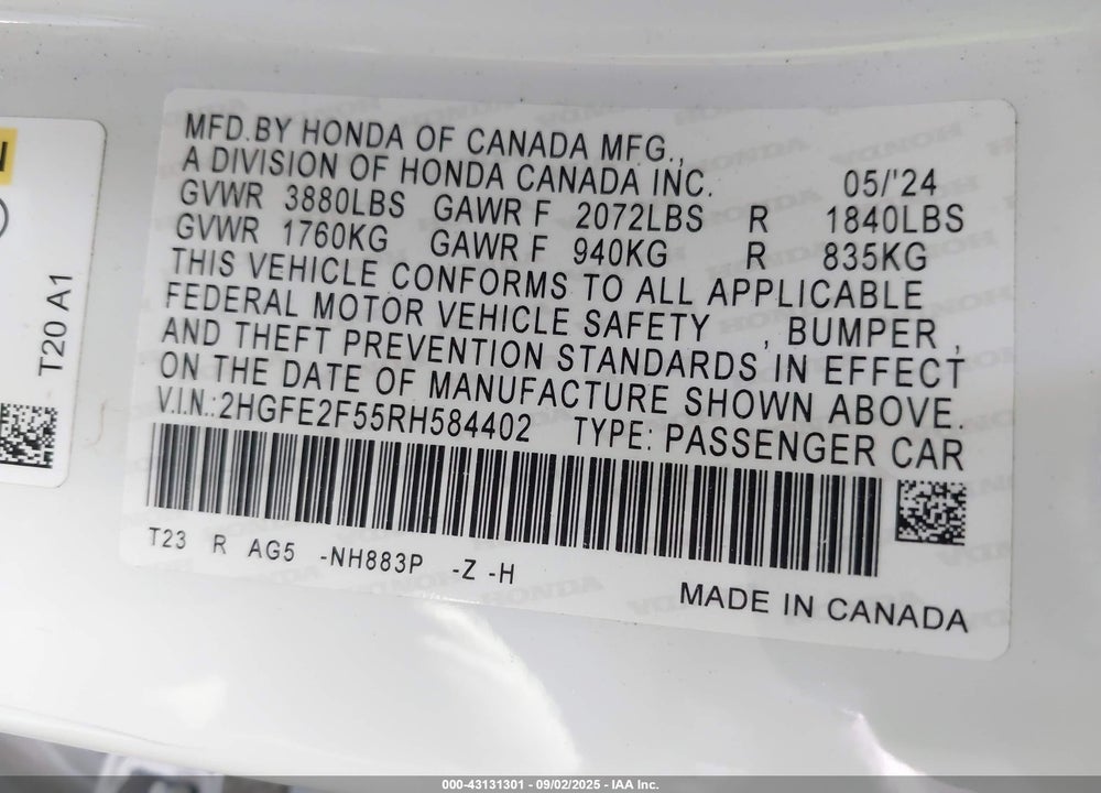 2024 HONDA CIVIC VIN: 2HGFE2F55RH584402