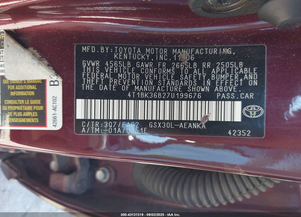 2007 TOYOTA AVALON XL VIN: 4T1BK36B27U199676