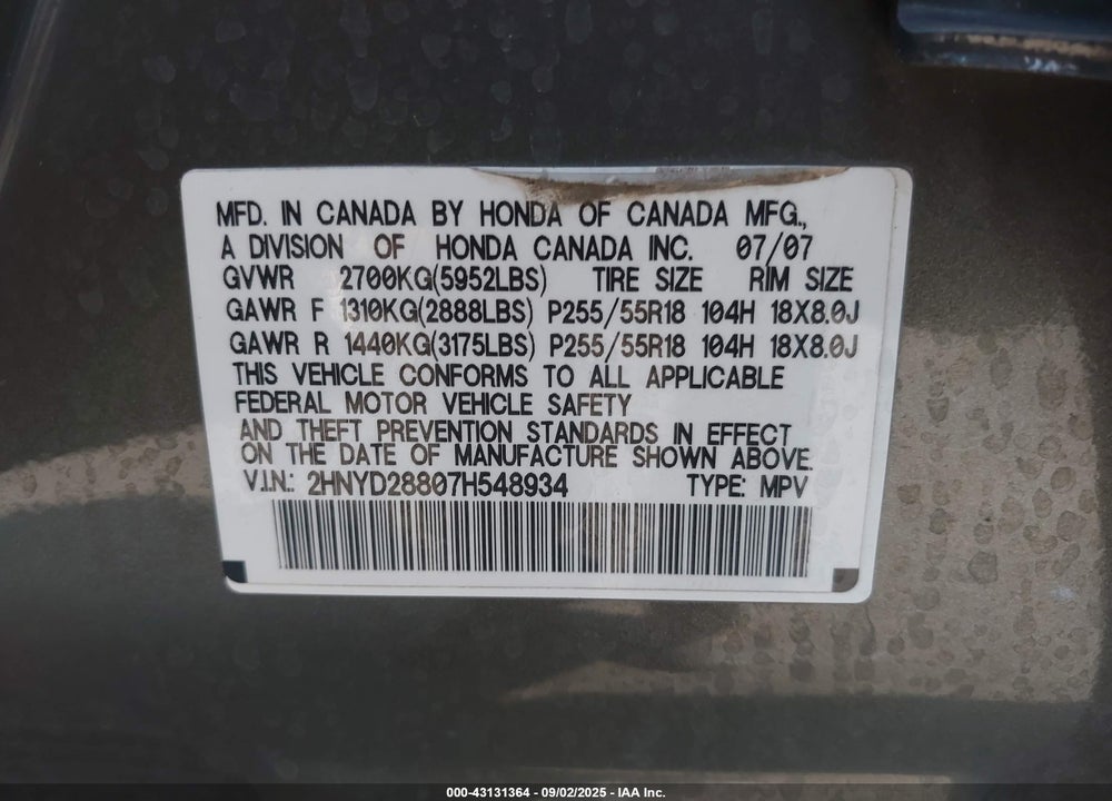 2007 ACURA MDX SPORT PACKAGE VIN: 2HNYD28807H548934