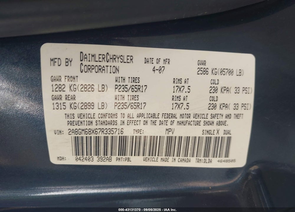 2007 CHRYSLER PACIFICA TOURING VIN: 2A8GM68X67R335716