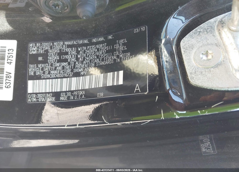 2011 TOYOTA SIENNA VIN: 5TDYK3DC4BS016737