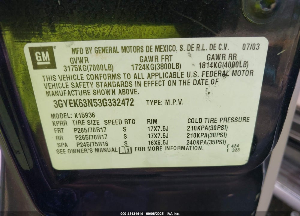 2003 CADILLAC ESCALADE EXT STANDARD VIN: 3GYEK63N53G332472