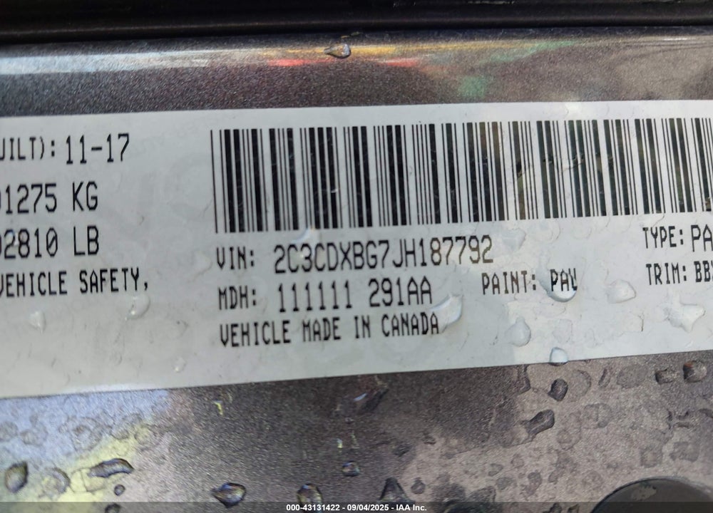 2018 DODGE CHARGER VIN: 2C3CDXBG7JH187792
