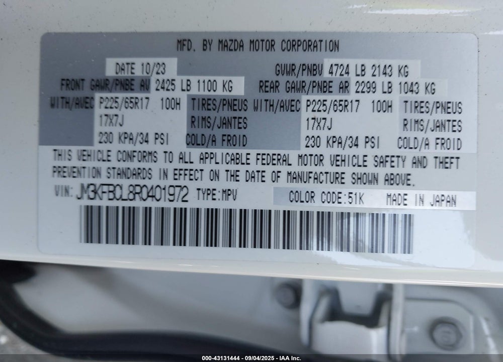 2024 MAZDA CX-5 VIN: JM3KFBCL8R0401972