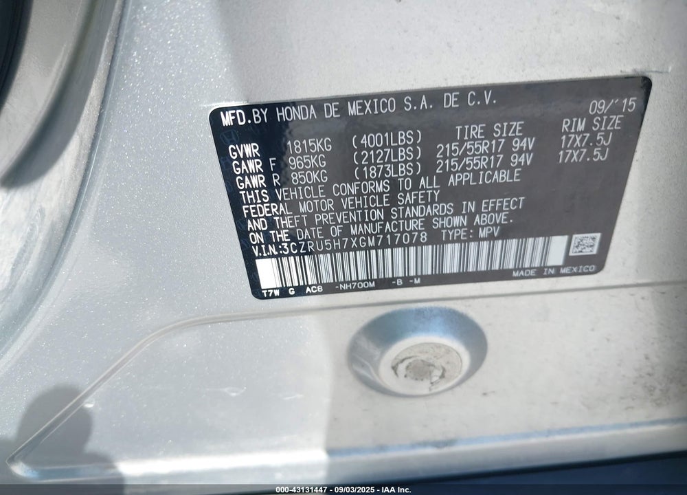 2016 HONDA HR-V VIN: 3CZRU5H7XGM717078