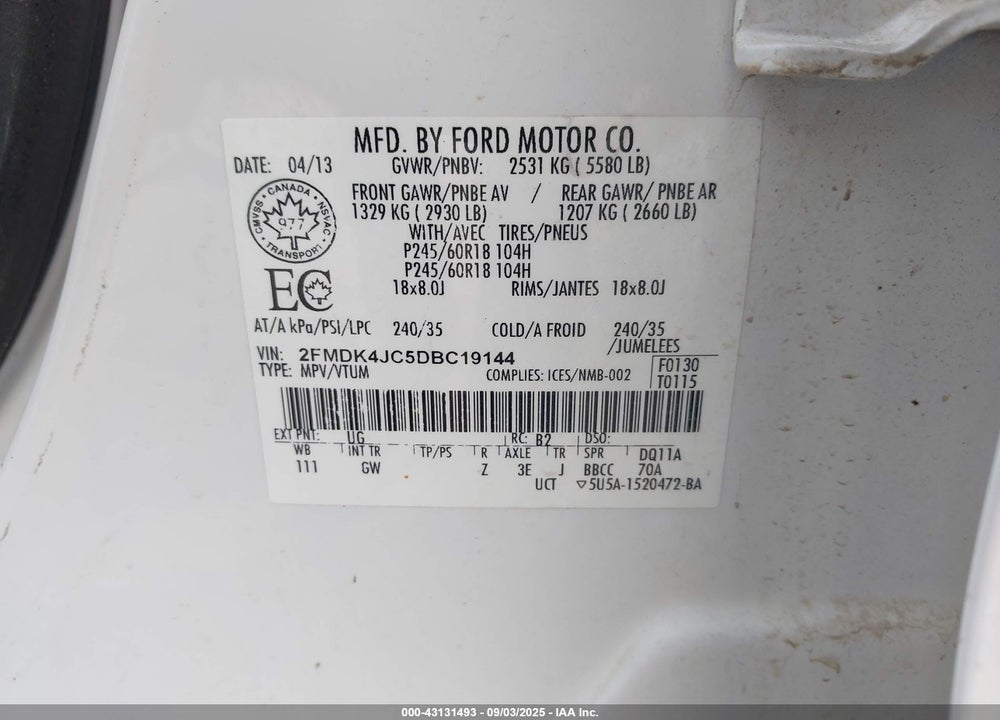2013 FORD EDGE VIN: 2FMDK4JC5DBC19144