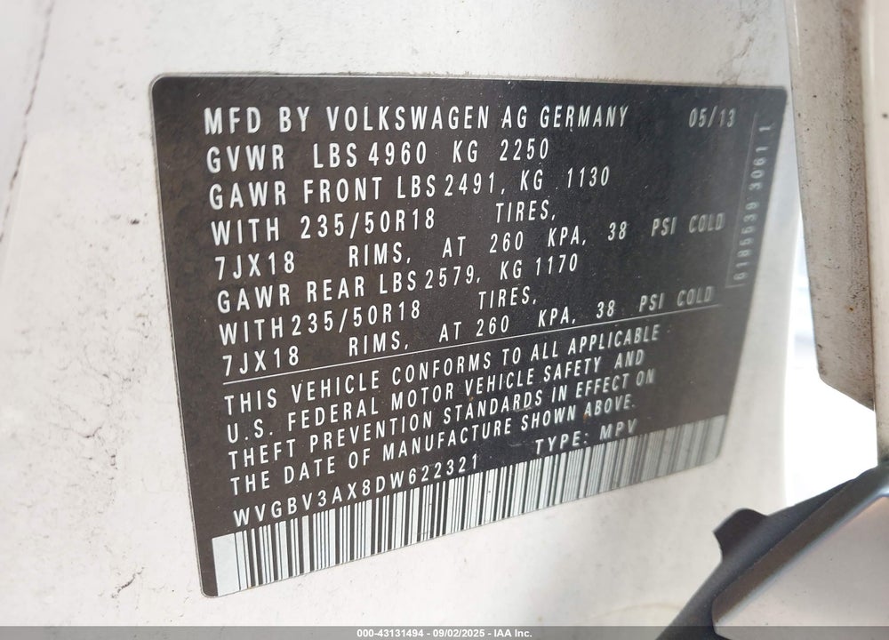 2013 VOLKSWAGEN TIGUAN VIN: WVGBV3AX8DW622321