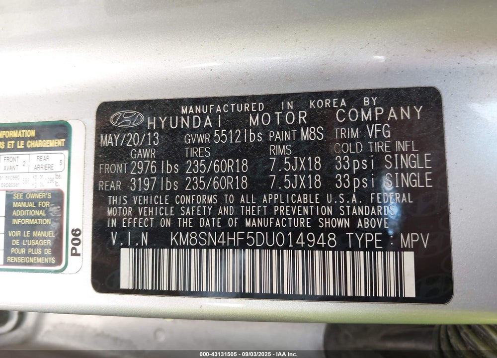 2013 HYUNDAI SANTA FE VIN: KM8SN4HF5DU014948