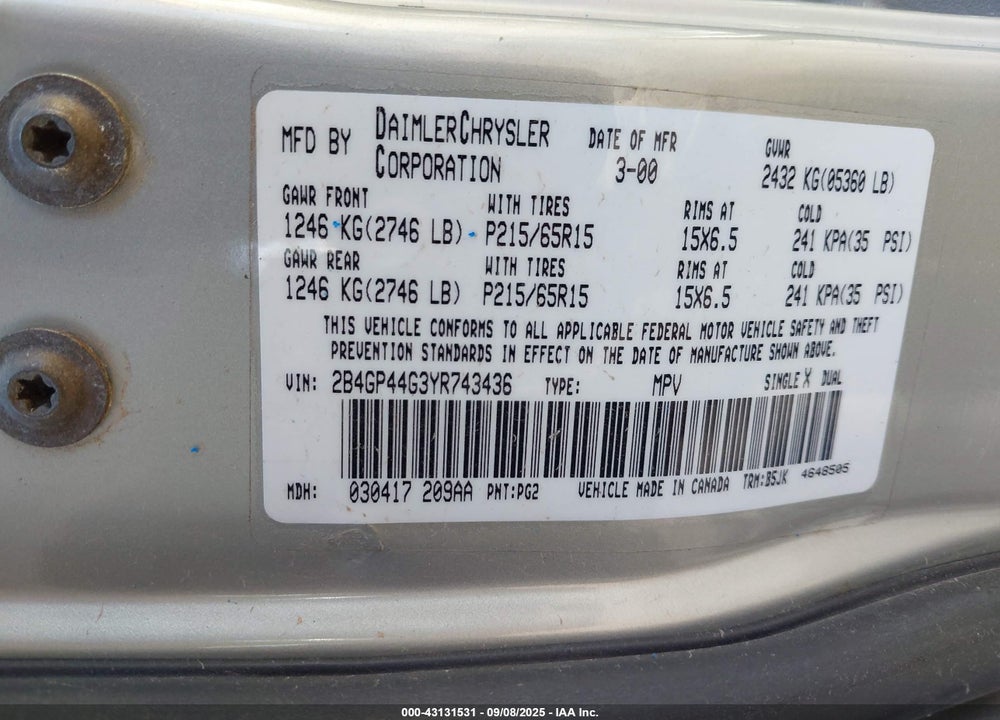 2000 DODGE GRAND CARAVAN SE VIN: 2B4GP44G3YR743436