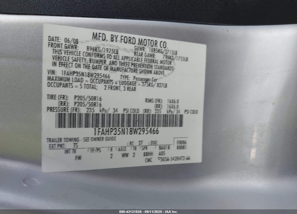 2008 FORD FOCUS VIN: 1FAHP35N18W295466