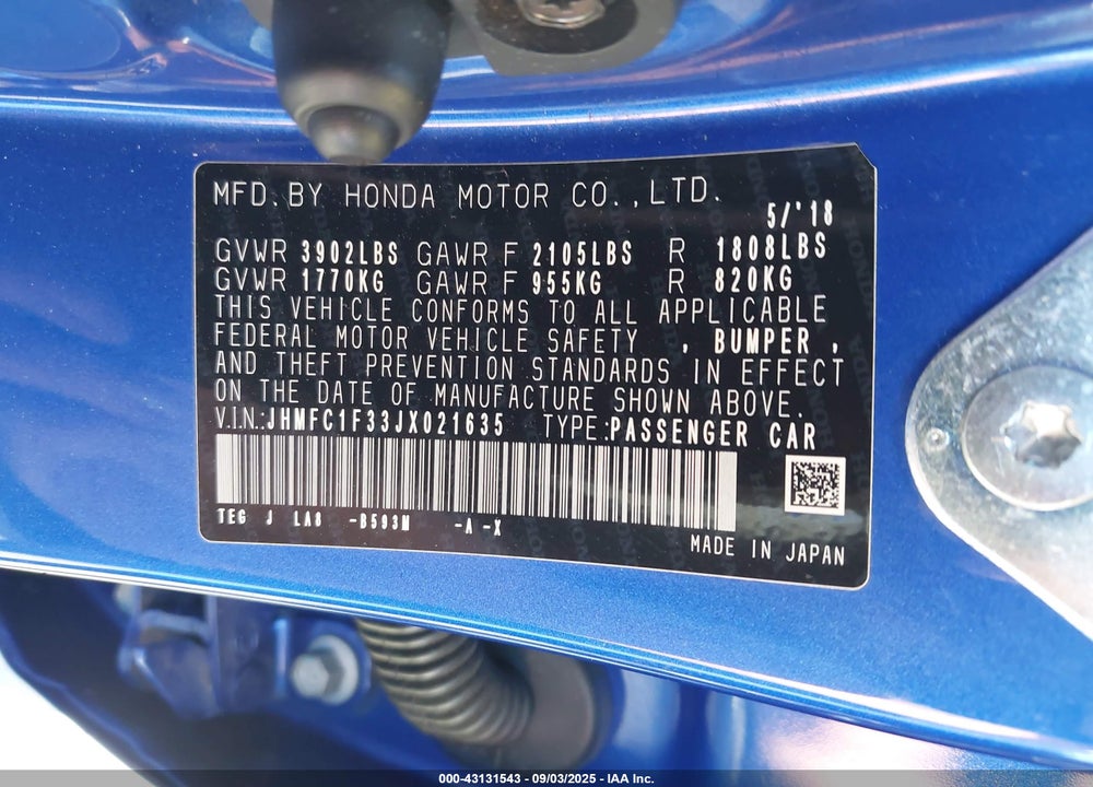 2018 HONDA CIVIC EX-T VIN: JHMFC1F33JX021635