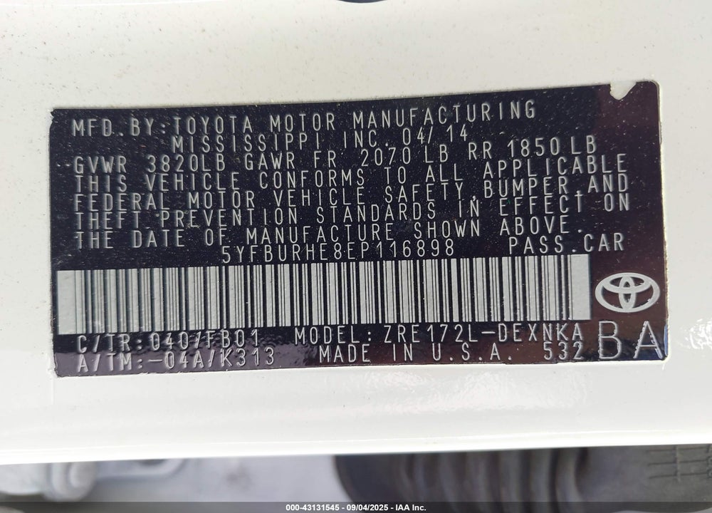 2014 TOYOTA COROLLA VIN: 5YFBURHE8EP116898