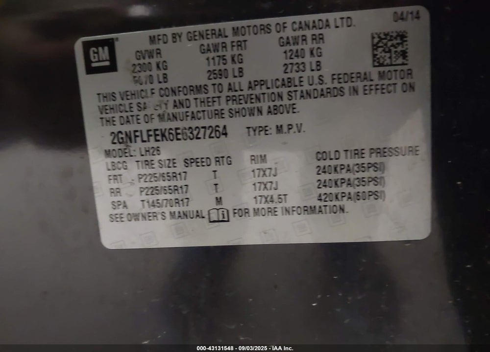 2014 CHEVROLET EQUINOX VIN: 2GNFLFEK6E6327264