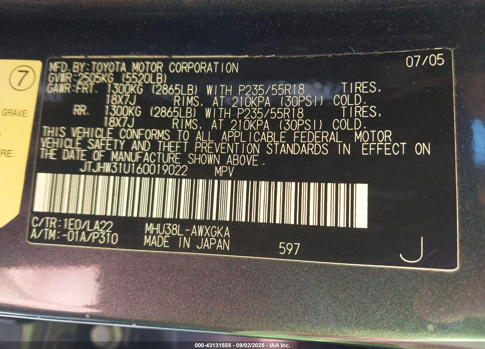 2006 LEXUS RX 400H VIN: JTJHW31U160019022
