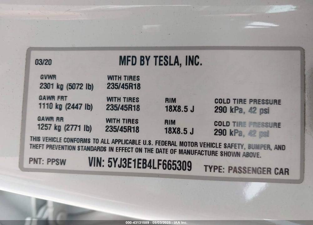 2020 TESLA MODEL 3 LONG RANGE DUAL MOTOR ALL-WHEEL DRIVE VIN: 5YJ3E1EB4LF665309