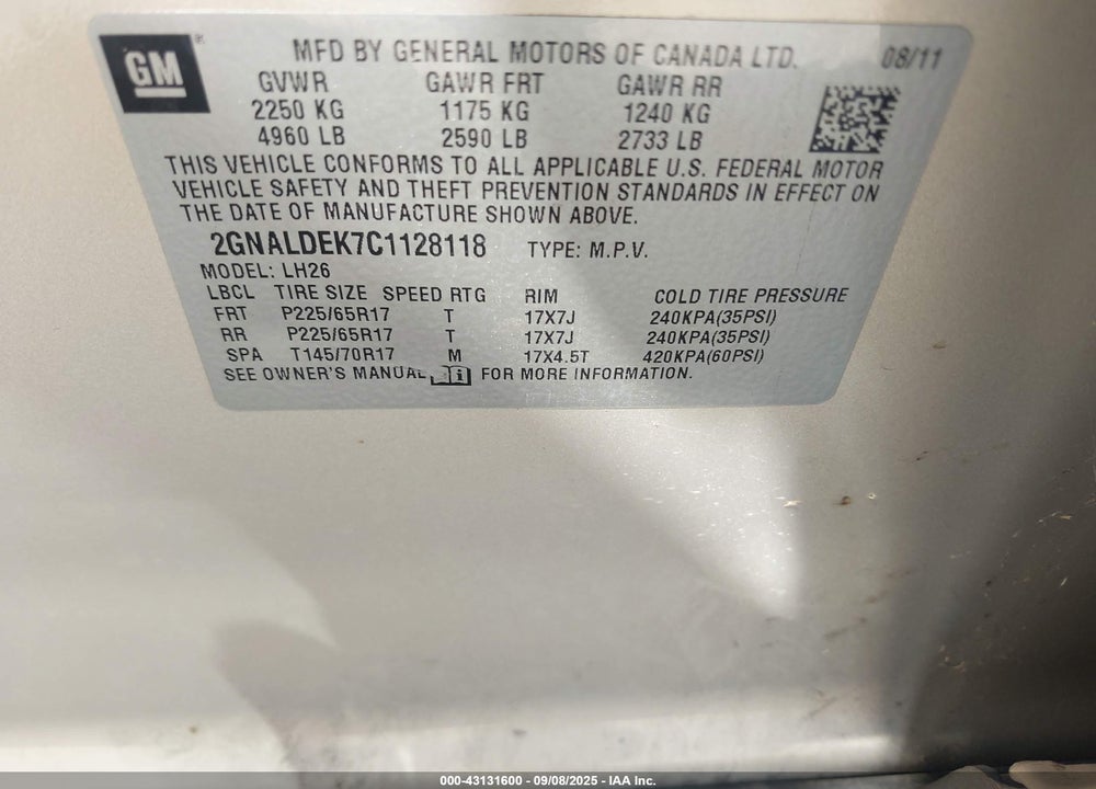 2012 CHEVROLET EQUINOX VIN: 2GNALDEK7C1128118