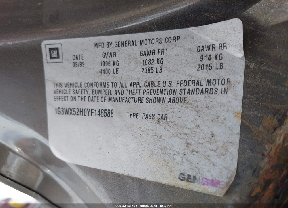 2000 OLDSMOBILE INTRIGUE GLS VIN: 1G3WX52H0YF146588