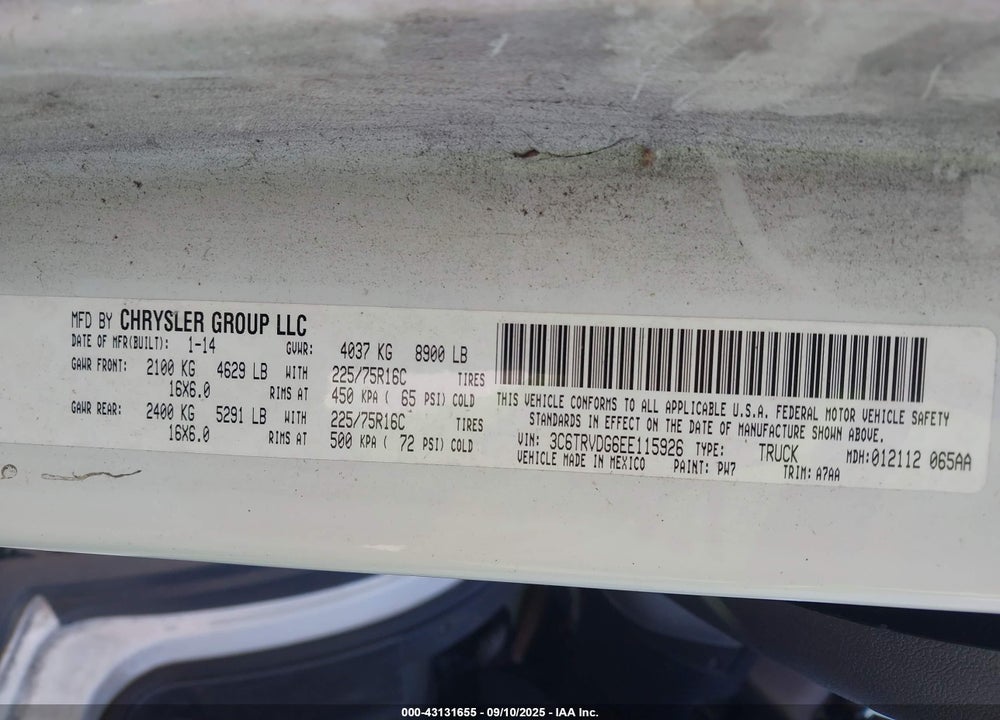 2014 RAM PROMASTER 2500 2500 HIGH VIN: 3C6TRVDG6EE115926