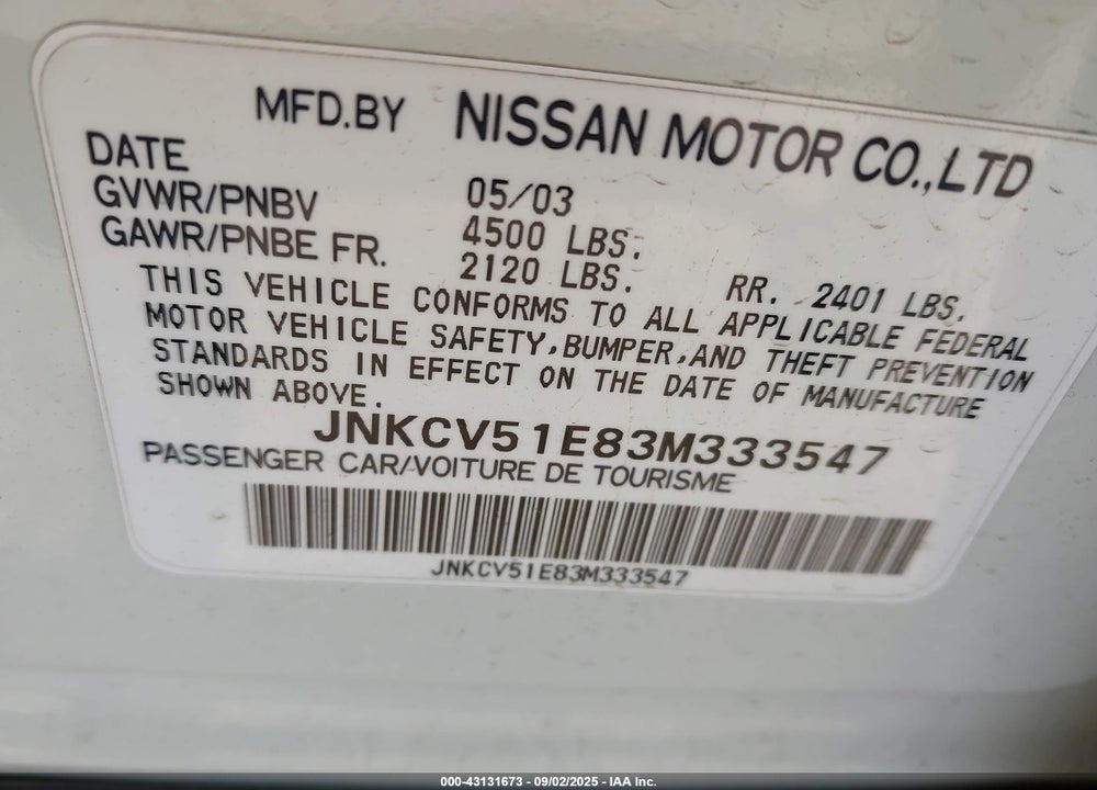 2003 INFINITI G35 LUXURY LEATHER VIN: JNKCV51E83M333547