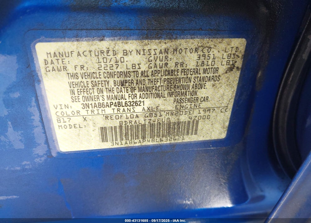 2011 NISSAN SENTRA VIN: 3N1AB6AP4BL632621