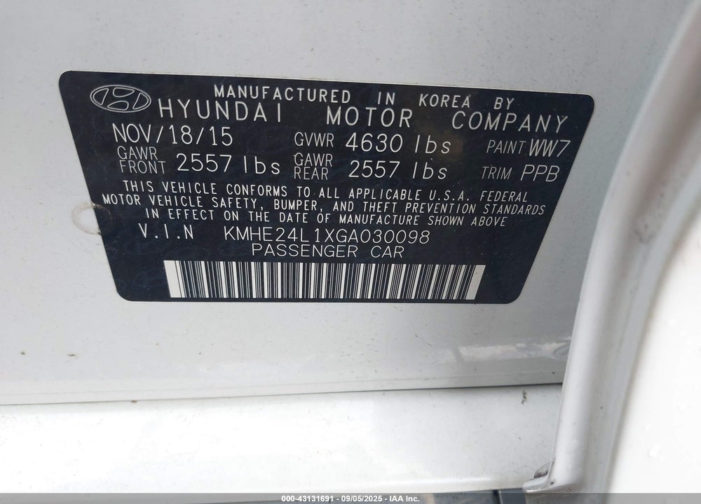 2016 HYUNDAI SONATA HYBRID VIN: KMHE24L1XGA030098