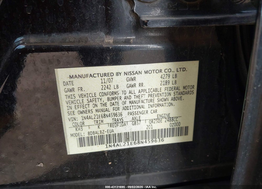 2008 NISSAN ALTIMA VIN: 1N4AL21E68N459636