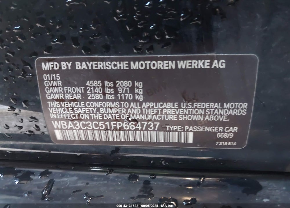 2015 BMW 3 SERIES VIN: WBA3C3C51FP664737