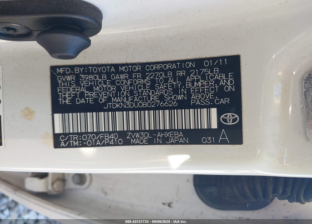 2011 TOYOTA PRIUS TWO VIN: JTDKN3DU0B0276626
