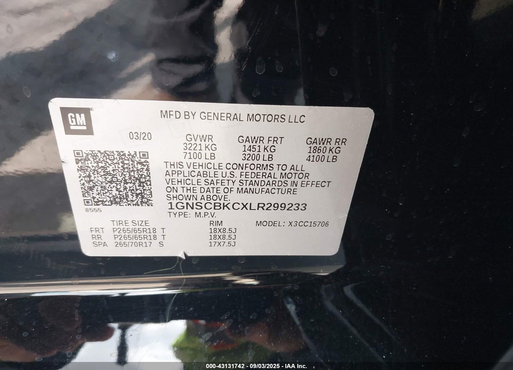 2020 CHEVROLET TAHOE VIN: 1GNSCBKCXLR299233